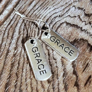 Grace Inspirational Word Message Carved Silver Black Earrings